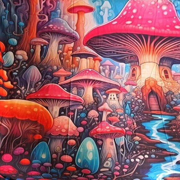 New Hidden Mushroom Village Tapestry Decor Wall Hanging Coverlet NIP Mushrooms - Picture 3 of 6